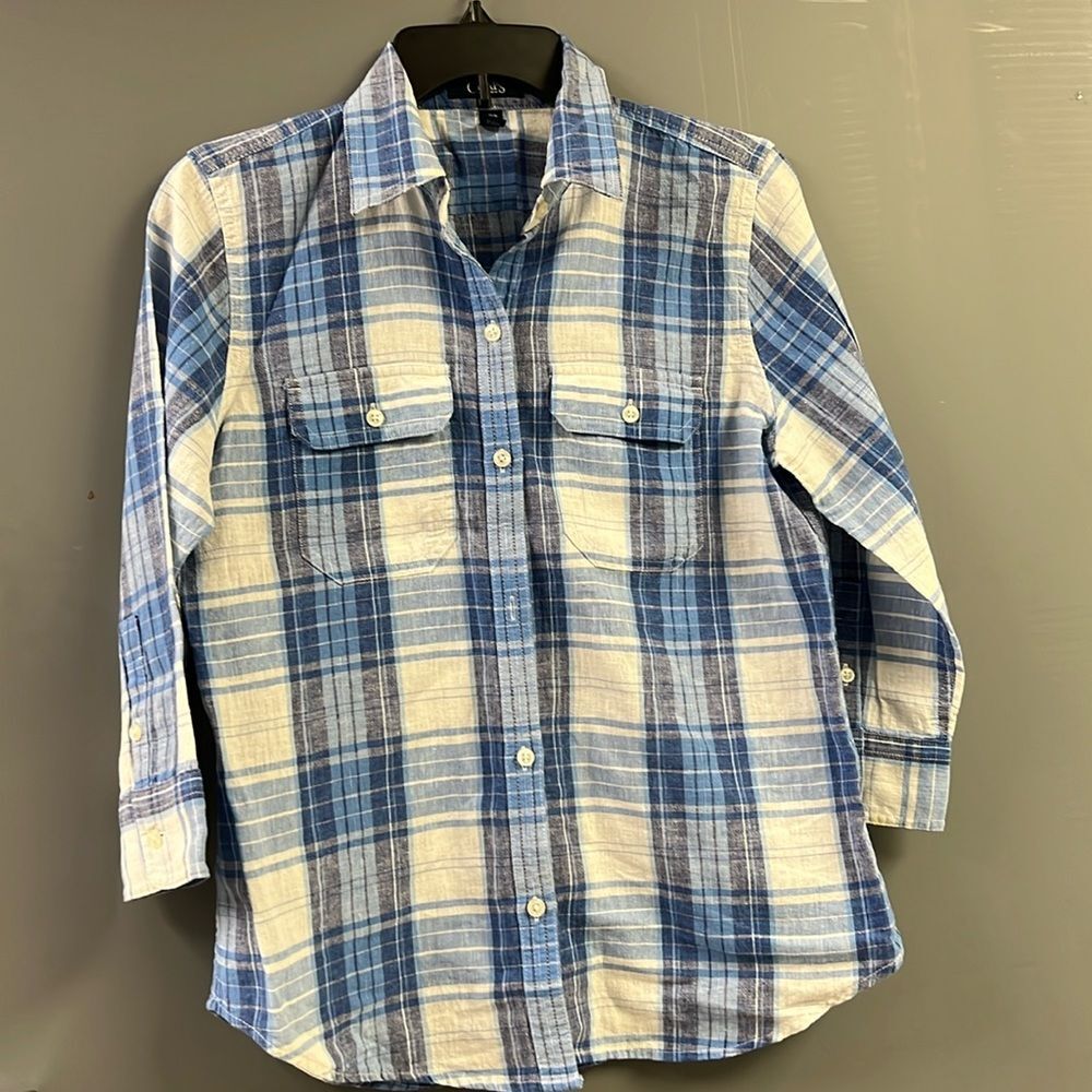 Chaps Denim Womens Button up Shirt Size M Blue White Plaid Linen Cotton Blend